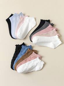 5/10 双（随机发货）时尚蕾丝边女袜，简约日常约会装，短袜 - 彩色 - 查看 3