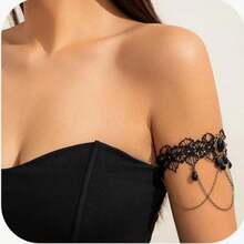 Black Pendant Arm Chain Bracelet Multi-Layer Tassel Armband Gothic Crystal Adjustable Cuff Bracelet, Alloy, For Women Halloween Party Costume Body Jewelry - Black - View 6