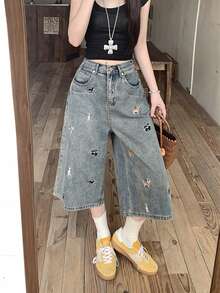 American Design Puppy Embroidery Loose Straight Wide Leg Capri Jeans - Blue - View 2