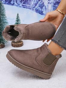 1 双女式厚底保暖毛绒内衬冬季雪地靴，舒适保暖一脚蹬室内/室外短靴/旅行靴/休闲靴