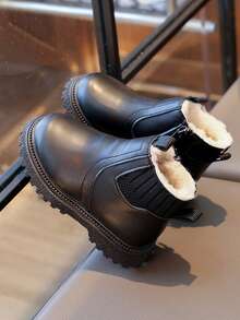 1 Pair Children's Warm Thermal Lined Solid Color Boots With Side Zipper, Non-Slip Soft Sole, Winter Boots For Kids - Black - View 6