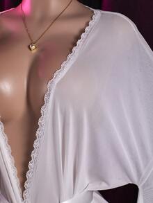 Sheer, High Elasticity, Skin-Friendly, Soft, White, Deep V-Neck, Low-Cut, Lace, Sexy, Home, Long Sleeve, Flared Sleeve, Fitted, Loose, A-Line, Long Robe, Bath Robe, Sleepwear