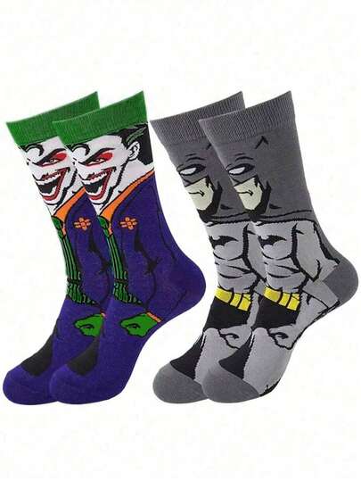 Warner Bros 2 Pairs Flashman Joker Cartoon Anime Knee High Socks, Novelty Funny Crazy Socks For Men, Suitable For Christmas & Halloween
