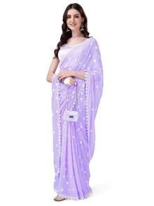 Estationeryhouse Women's Georgette Embroidery Border Work Designer Saree With Blouse Piece - Lilac Purple - View 2
