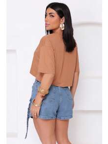Women's Basic Cropped T-Shirt In Plain Cotton Knit - màu nâu - Xem 4