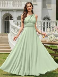 Volly Toych Celadon A-Line One Shoulder Keyhole Ruched Chiffon Elegant Maxi Formal Bridesmaid Dress, Wedding Guest - Celadon - View 5