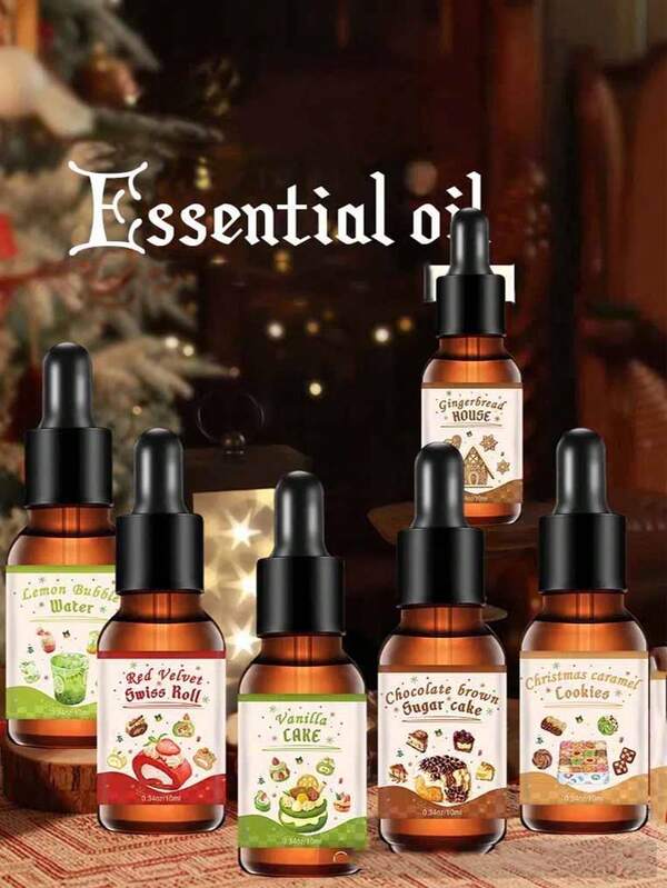1 botella / 6 botellas de 10ml Juego de aceites esenciales con cuentagotas, adecuado para hornear pan, aromaterapia navideña, humidificadores, elaboración de velas, pudín de Navidad, tarta de Navidad, brownie de chocolate, rollo suizo, tarta de vainilla, café efervescente de limón, cacao