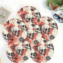 2pcs/4pcs/6pcs Halloween Skull Pattern Printed Silicone Placemats, Halloween Decor, Suitable For Dining Table, Coffee Bar, All Season Decoration, Washable Placemats, Room Decor, Coasters, Draining Mats, Kitchen Dining Table Mats, Indoor Outdoor Party Decor, Home Decor, Ideal Gift