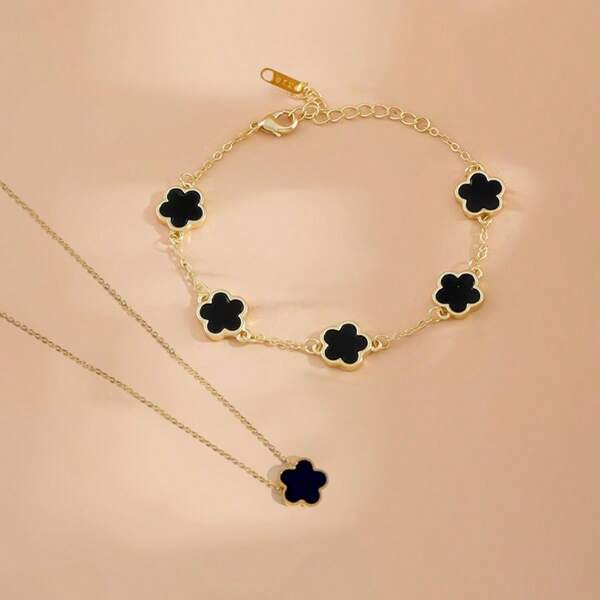 1 Set Elegant Lucky Clover Jewelry Set, 18K Gold Plated Stainless Steel Acrylic Flower Charm Bracelet And Necklace Set, Ideal Gift For Girls And Friends, Fashionable Accessory For Any Occasion