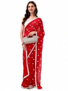Estationeryhouse Women's Georgette Embroidery Border Work Designer Saree With Blouse Piece - Red - View 1