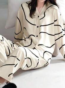 AICJ 两件套女士休闲睡衣，V领长袖上衣和长裤家居服套装，适合春、夏、秋季舒适穿着，秋冬皆宜。