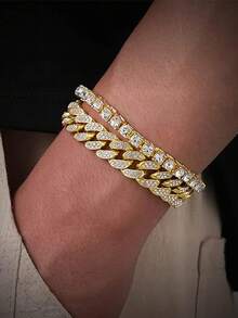 2 chiếc vòng tay vàng và bạc đính đá lấp lánh thời trang, dây chuyền kim cương tennis, vòng tay xích mắt xích , trang sức xích dày phong cách Hip Hop Iced Out, quà tặng cho Lễ Tạ ơn, Giáng sinh, Ngày lễ tình nhân, tiệc tùng ngày lễ - Kiểu vòng tay 3 - Xem 9