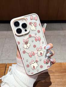 Pink Bow & Floral Ghost Print Magnetic Ring Phone Case Compatible With IPhone 16 Pro Max, 14/13, 12, 11 Pro Max, XS Max, X, XR, 8, 7, Plus, Mini, Suitable As Birthday Gift For Girlfriend, Boyfriend Or Personal Use Waterproof Shockproof Anti-Fall Scratch Resistant