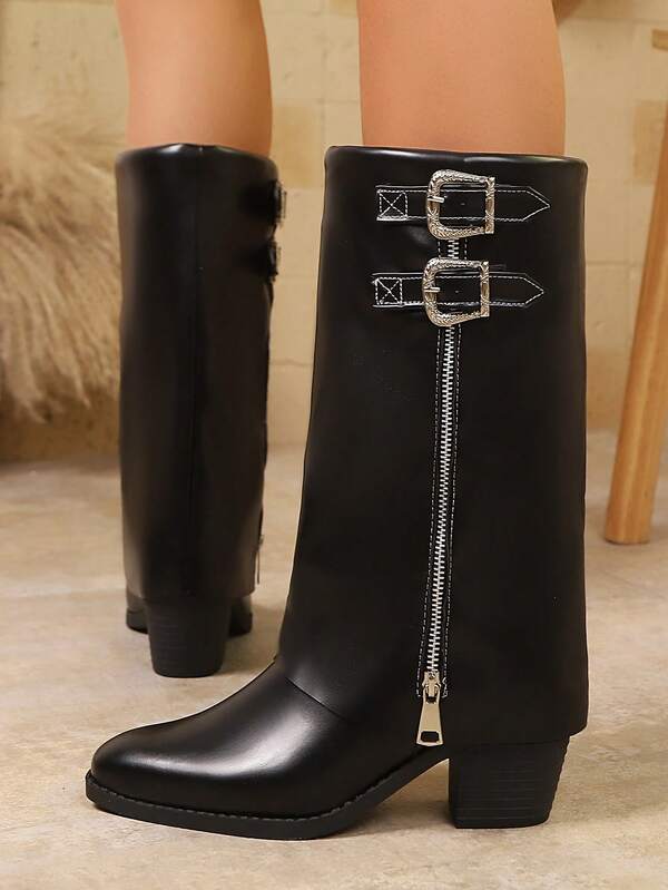 Nuevas botas de moda de tacón grueso con cremallera lateral, parches, estilo casual para mujer, unicolor, con cremallera lateral, hebilla y ojetes metálicos, para primavera/otoño