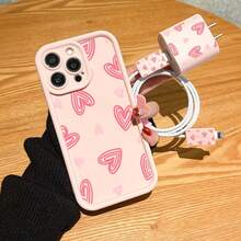 Heart Line Print Anti-Drop Phone Case With Charging Set, Compatible With IPhone 16 Pro Max, 14/13, 16 12, 11 Pro Max, XS Max, X, XR, 8, 7, 14 Plus, Suitable As Birthday Gift For Girlfriend, Boyfriend Or Self-Use - Pink - View 1