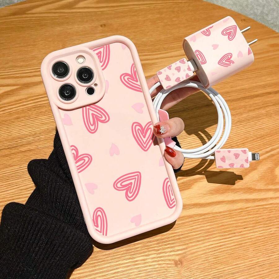 Heart Line Print Anti-Drop Phone Case With Charging Set, Compatible With IPhone 16 Pro Max, 14/13, 16 12, 11 Pro Max, XS Max, X, XR, 8, 7, 14 Plus, Suitable As Birthday Gift For Girlfriend, Boyfriend Or Self-Use - Pink - View 1