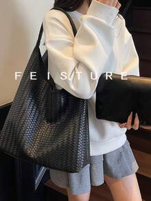 1 件 FEISTURE 编织纹理大容量单肩包，带磁扣的手提包，适合日常外出、约会、通勤 - 黑色 - 查看 6