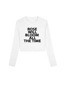 圆领长袖 American Babe 字母印花 T 恤，短款修身，春秋季新品 - 白色 - 查看 6