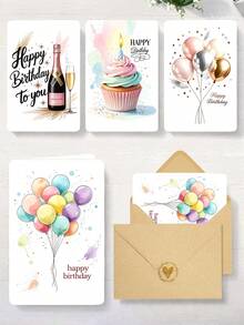 4pcs Watercolor Birthday Card Set With Envelope | Includes 4 Balloons And Cake Happy Birthday Cards Suitable For Any Occasion, Including Christmas, Thank You, Congratulations, And Sentimental Themes - Multicolor - View 1