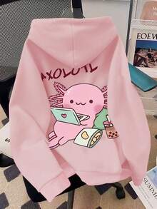 少女学生，AXOLOTL 在家冲浪美食陪伴休闲时光，印花图案，休闲风格，连帽卫衣，春秋季，购物、上学、聚会、旅行时穿着 - 粉色 - 查看 2