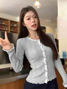 Elegant Lace Trim Knit Cardigan, Fitted Frill Trim Cropped Top - Grey - View 4