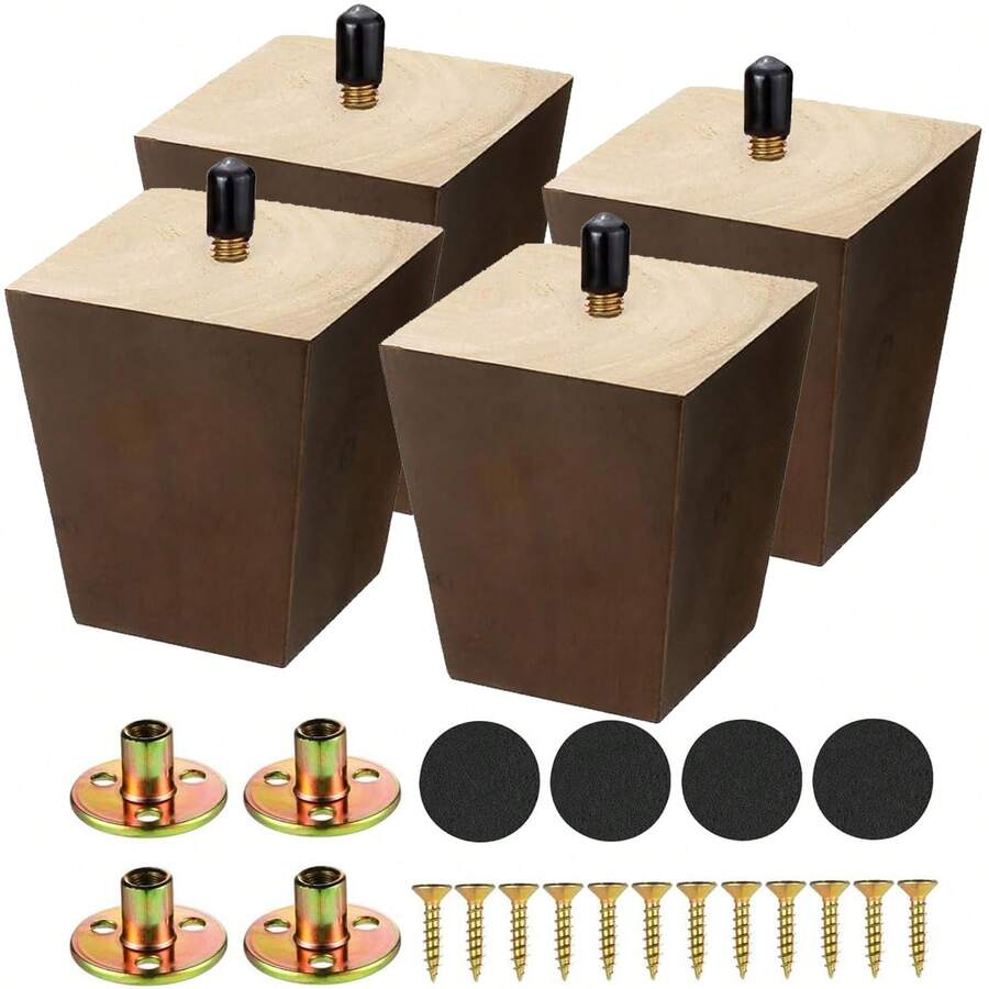 4 pezzi Gambe in legno per mobili da 3 pollici, gambe per divano marrone, gambe per sedia medievale di ricambio, per progetti fai-da-te, vanità, chaise longue, gambe per letto, con accessori hardware - Castano - Visualizzare 1