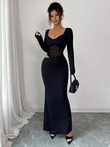 Glamful Sexy Party Date Y2K Sheer Mesh Patchwork Long Sleeve Dress, Black Sheer Mesh Long Sleeve Dress, Elegant Design - Black - View 9