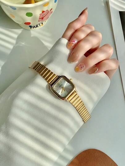 1 Stück neue Bambus Armbanduhr Armband, quadratisch, lässig, minimalistisch, retro, französisch gold, luxuriös, stark verziert, Damen Armbanduhr mit weißem Zifferblatt/blauem Zifferblatt, geeignet für tägliches Tragen