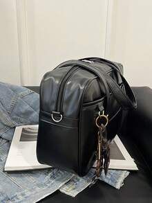 Bolso de mano minimalista de estilo oficinista, bolso de mano de mujer de moda en PU, bolso de hombro de gran capacidad de unicolor y personalizado para el trabajo - Negro - Ver 5