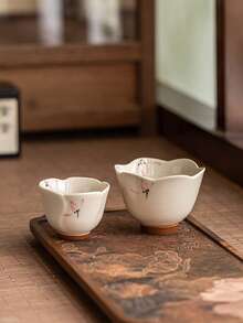 1/2件兰花图案茶杯手绘花口陶瓷茶杯功夫茶品茗杯主人杯聚会下午茶杯可招待可送礼 - 彩色 - 查看 4