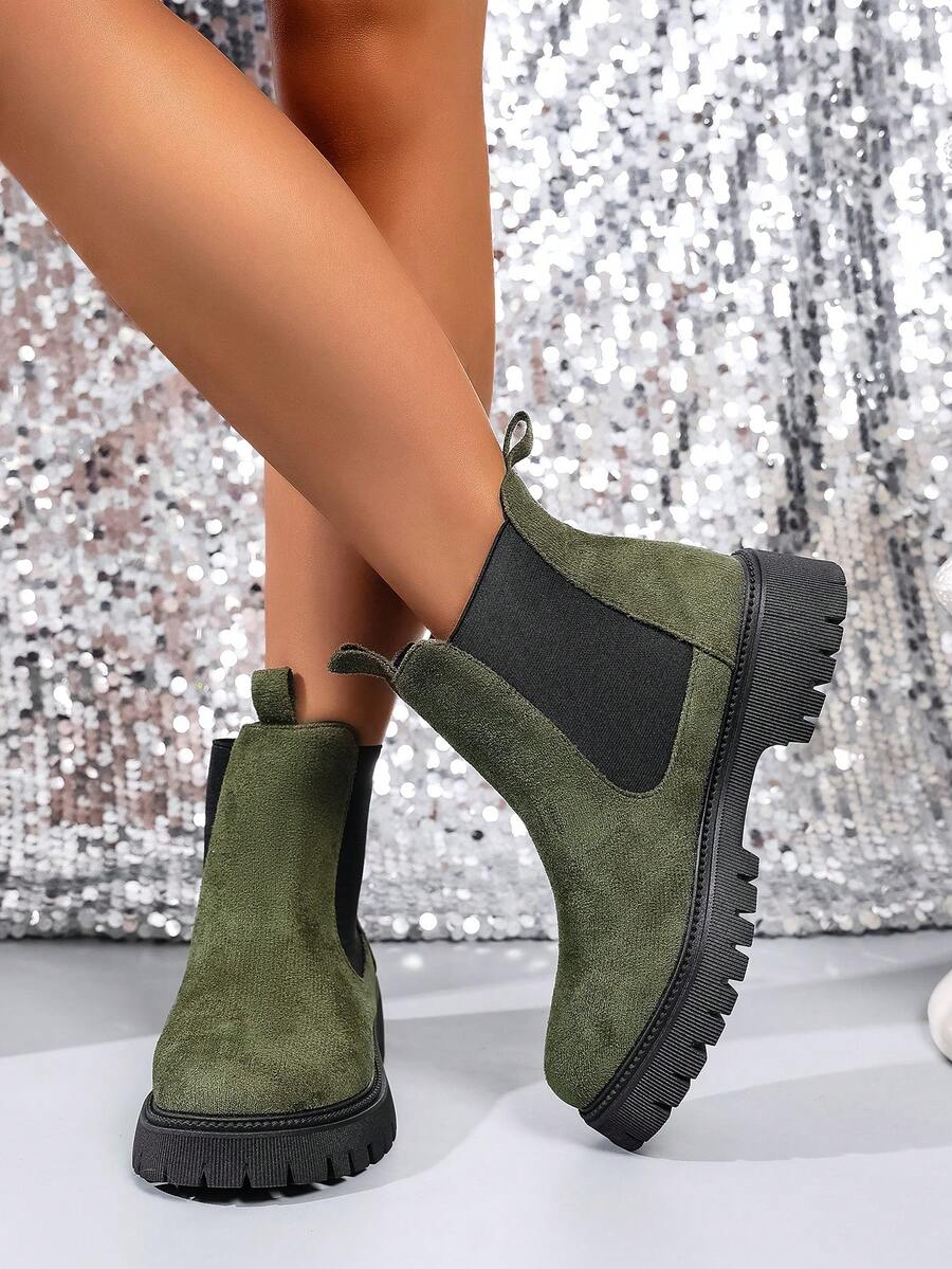 Fall/Winter 1 Pair Solid Color Preppy Style Casual Party Wedding Fine Velvet Women Ankle Boots, Suitable For Outdoor, Office, Party, Holiday, Wedding, Winter - Green - View 1
