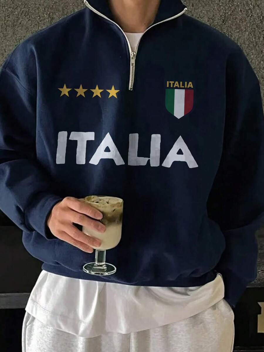 Men's Fashion Colorblock Italian Letter Print Long Sleeve Half-Placket Stand Collar Sweatshirt , Decorated With Letter & Star, Fall
