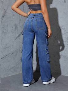 女式高腰破洞直筒多口袋工装牛仔裤