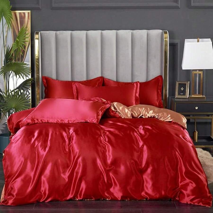 Full Satin Bedding Set In Wine Red, Silk - Like, Luxury Soft Burgundy Comforter Cover, Chic Bedroom Decor, Zippered (1 Duvet Cover + 2 Pillow Cases) - 多色 36 - 查看 1
