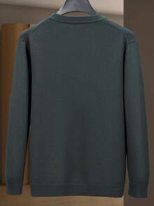 男士圆领商务休闲套头针织衫，适合秋冬季节，长袖上衣 - 墨綠色 - 查看 5