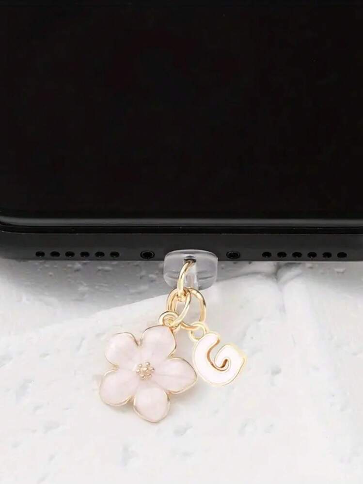 1 件时尚粉色花卉字母手机防尘塞，精致 A-Z 字母金属挂件，适合作为女性生日礼物，兼容 Lightning（5-14）/ Type-C 接口 - 粉色 - 查看 12