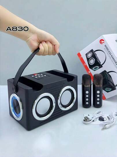 16W 双扬声器蓝牙音箱，配备 2 个无线麦克风 - 清晰的立体声和强劲的低音，2400mAh 长效电池，便携式无线音箱，是家庭聚会、户外探险（露营、徒步、海滩）、旅行、卡拉 OK 娱乐和随时随地免提通话的理想之选。
