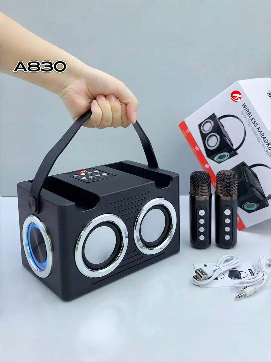16W 双扬声器蓝牙音箱，配备 2 个无线麦克风 - 清晰的立体声和强劲的低音，2400mAh 长效电池，便携式无线音箱，是家庭聚会、户外探险（露营、徒步、海滩）、旅行、卡拉 OK 娱乐和随时随地免提通话的理想之选。