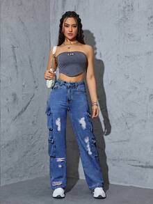 女式高腰破洞直筒多口袋工装牛仔裤