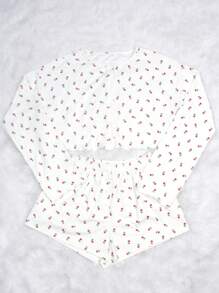 2pcs Set Women Casual Ditsy Floral Long Sleeve Shorts Pajamas, Suitable For Home Wear In Autumn,Two Pieces Set
