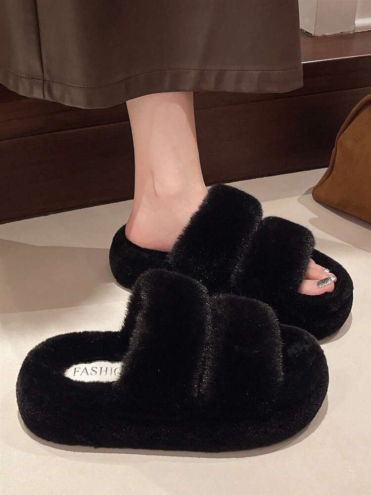 2025 New Women's Thick Sole High Heel Fluffy Slippers For Outdoor Wear, Autumn/Winter Net Celebrity Style, Suitable For Petite Women, Slouchy Elevator Platform Slippers, Office Ladies Slippers, Size 34-42 - Black - View 3