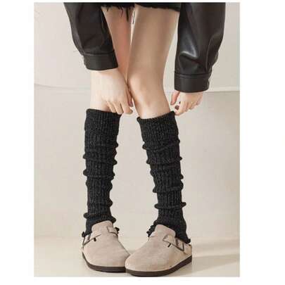 1 Par De Meias Coreanas polaina Pretas com brilho Com Borda Confortável De Muffin, Respirável