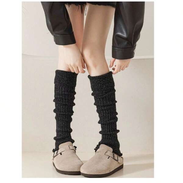 1 Par De Meias Coreanas polaina Pretas com brilho Com Borda Confortável De Muffin, Respirável