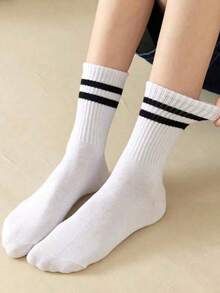 3/6 pares de meias unissex de cano médio, pretas/brancas/cinzas, com listras duplas, para atividades ao ar livre, meias casuais de cano médio, meias de inverno unissex, meias grossas, meias altas, meias de outono