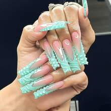 Long Press On Nails Green French Tip Fake Nails Square False Nails With 3D Pattern Designs Glitter Artificial Nails Sparkly Glue On Nails Cute Stick On Nails For Women 24Pcs - 長款-C5C30 - 查看 1