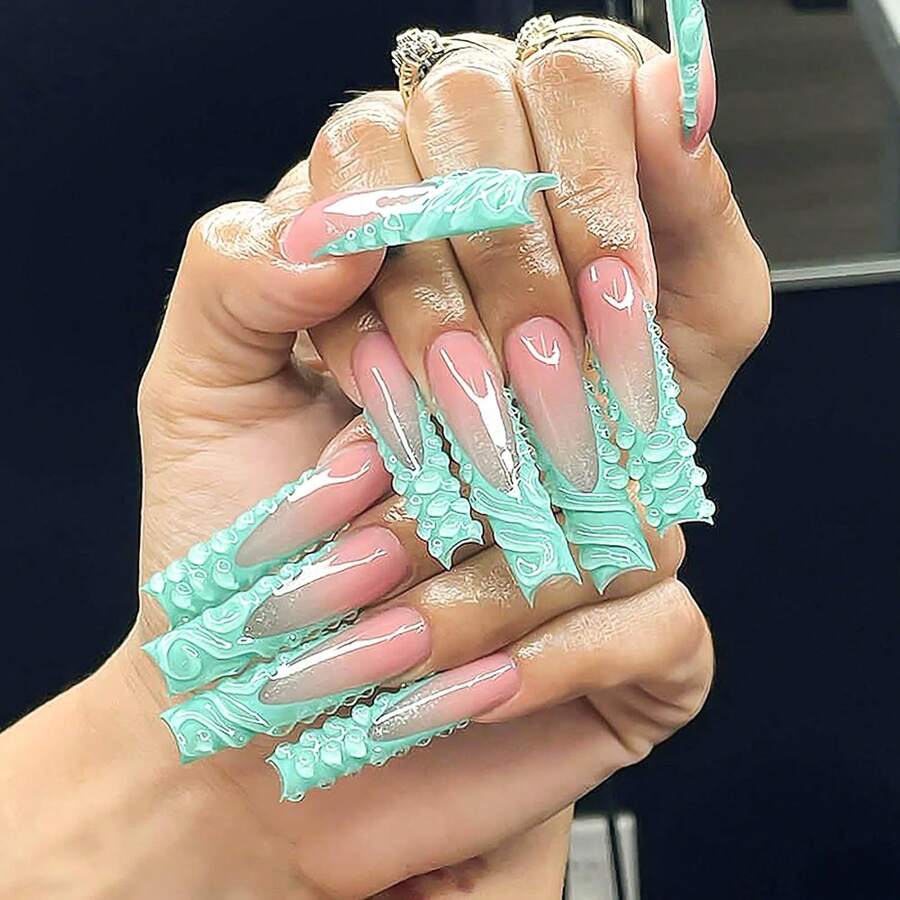Long Press On Nails Green French Tip Fake Nails Square False Nails With 3D Pattern Designs Glitter Artificial Nails Sparkly Glue On Nails Cute Stick On Nails For Women 24Pcs - 長款-C5C30 - 查看 1