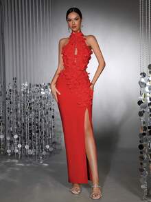 全新时尚 3D 花卉性感立领无袖镂空露背高开衩绷带连衣裙，优雅女士正式晚礼服，适合婚礼、派对、节日 - 紅色 - 查看 9