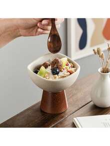1 كوب آيس كريم سيراميك سميك ذو قاعدة خشبية عالية بطراز رجعي، وعاء حلوى عالي الجودة مناسب للزبادي والشوفان والمشروبات الحليبية والفواكه، مناسب للمنزل والمطعم والتجمعات الخارجية وحفلات عيد الميلاد والمناسبات