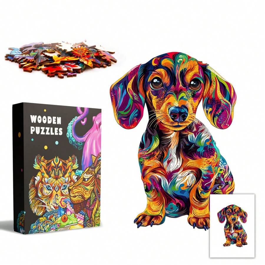 Colorful Dachshund - Wooden Puzzle, Asymmetrical Animal Shaped Wooden Jigsaw Puzzle Toy, Unique Party Game Gift, Decorative Art Painting, Tabletop Magic Puzzle, Unique Children's Educational Puzzle, Holiday Gift, Suitable For Kids, Christmas Gift, Back To School Gift, Birthday Gift