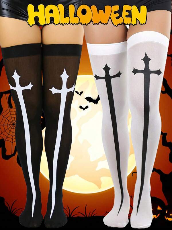 1/2 Par de Meias Altas Góticas Femininas com Cruz, Meias Longas Pretas e Brancas Acima do Joelho, Acessório para Festa de Cosplay, Decoração de Fantasia de Halloween